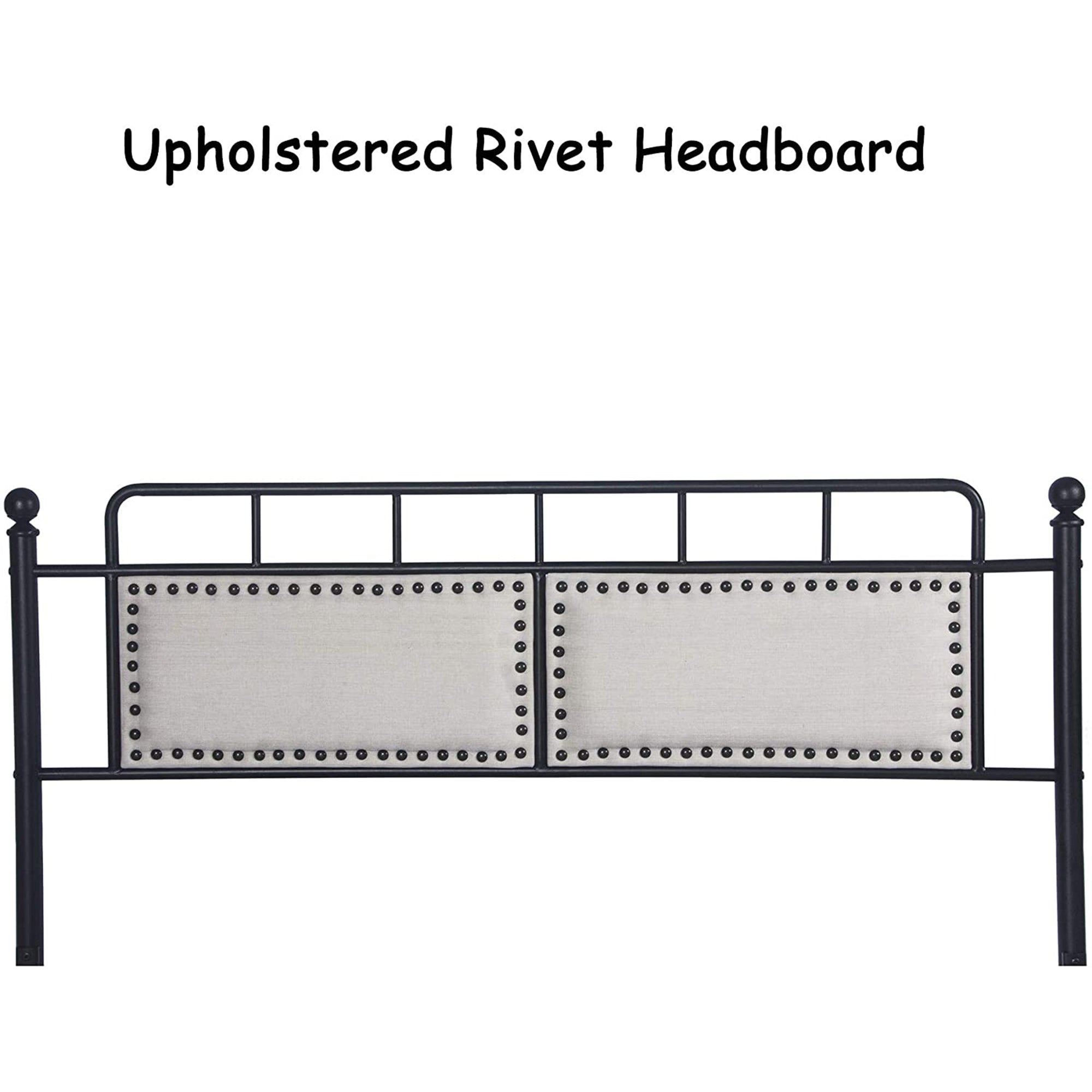 Karmas Product Metal Bed with Upholstered Headboard Heavy Duty Frame Steel Slat Support for Bedroom, Guest Room, No Box Spring, Mattress Foundation, Queen Size, Black