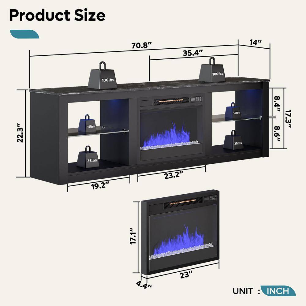 Bestier 70.8 in. Black TV Stand with Fireplace Fits TVs up to 75 in. LED Entertainment Center 1009660581