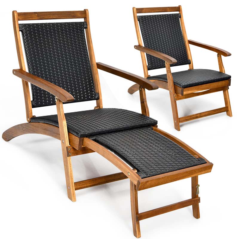 2 Pcs Acacia Wood Folding Chaise Lounge Chair Outdoor Foldable Deck Chair, Portable Wicker Lounger with Retractable Footrest