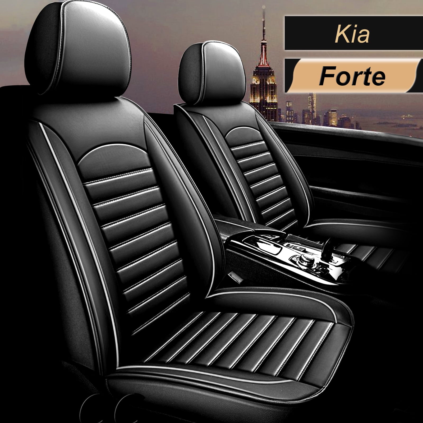 AOMSAZTO Fit Kia Forte 2010-2021 Black and White Car seat Cover 5-seat Faux Leather Full Set Compatible Airbag