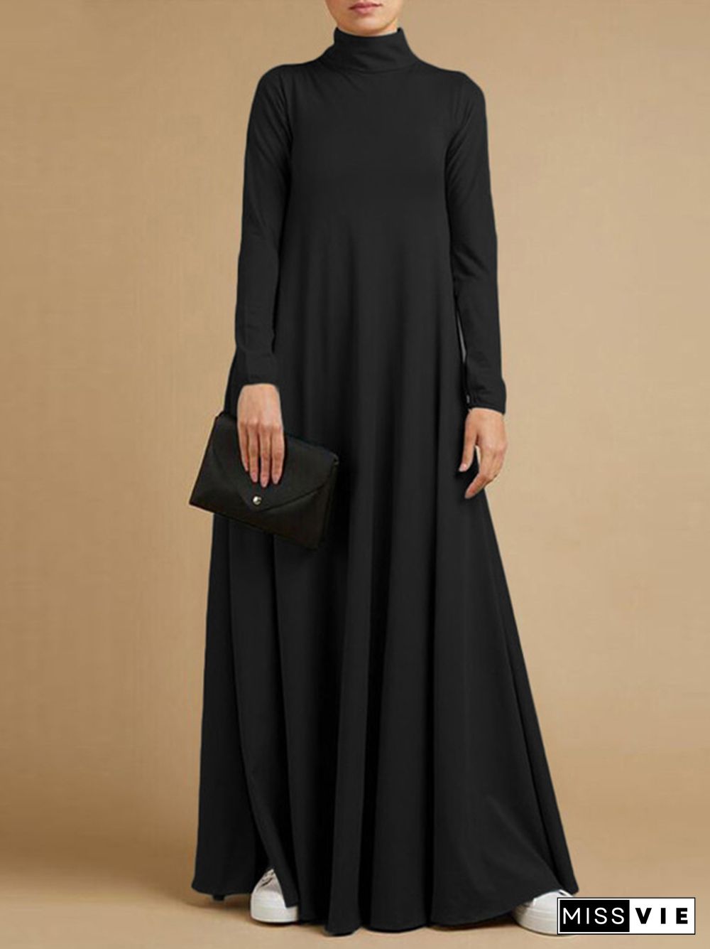 Casual Loose 4 Colors High-Neck Long Sleeves Maxi Dress