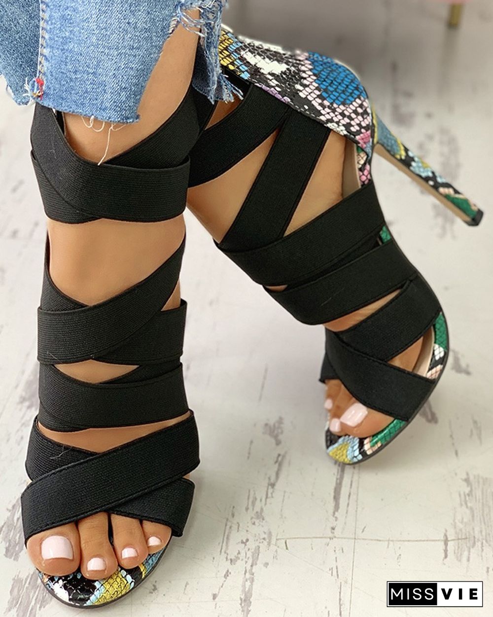 Lace-Up Bandage Patchwork Snakeskin Thin Heeled Sandals