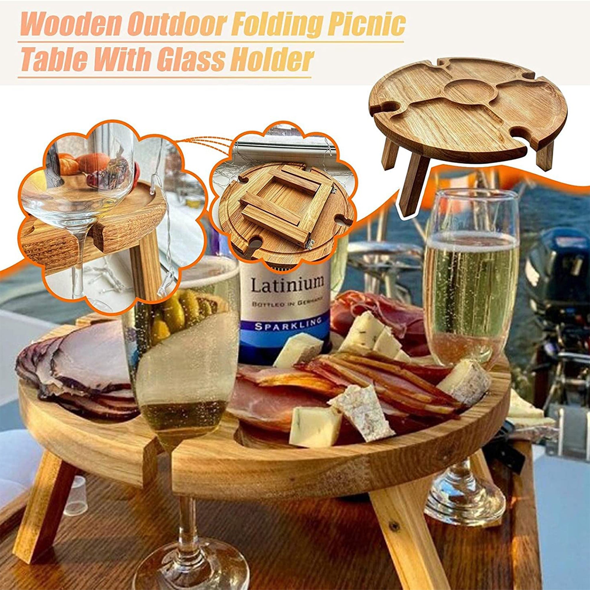 Portable 2 in 1 Picnic Table， Wooden Outdoor Folding Picnic Table with Wine Glass Holder for Outdoors Garden Travel