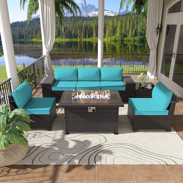 Kullavik 7 Pieces Rattan Outdoor Patio Furniture Sofa Set with Firepit