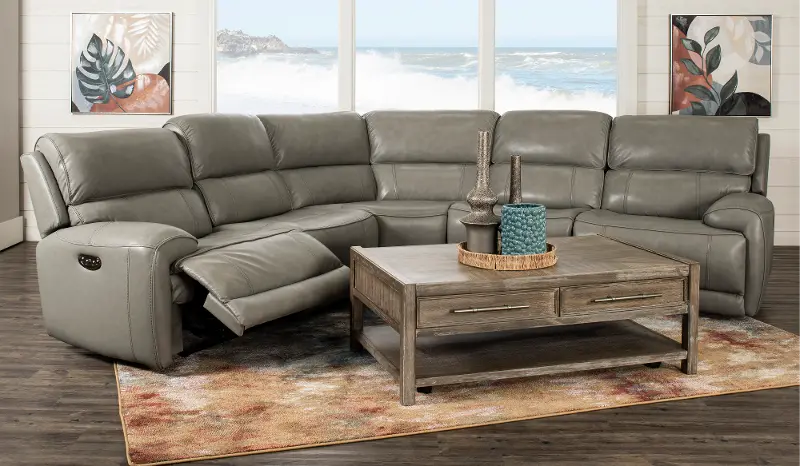 Mickey Gray Leather 5-Piece Power Reclining Sectional