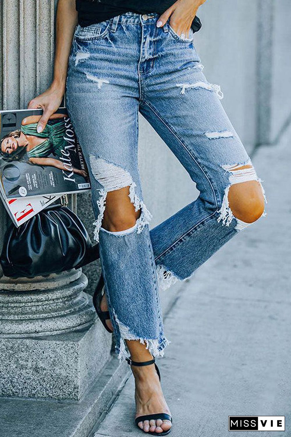 Sky Blue Ripped Knee Hole High Waist Jeans