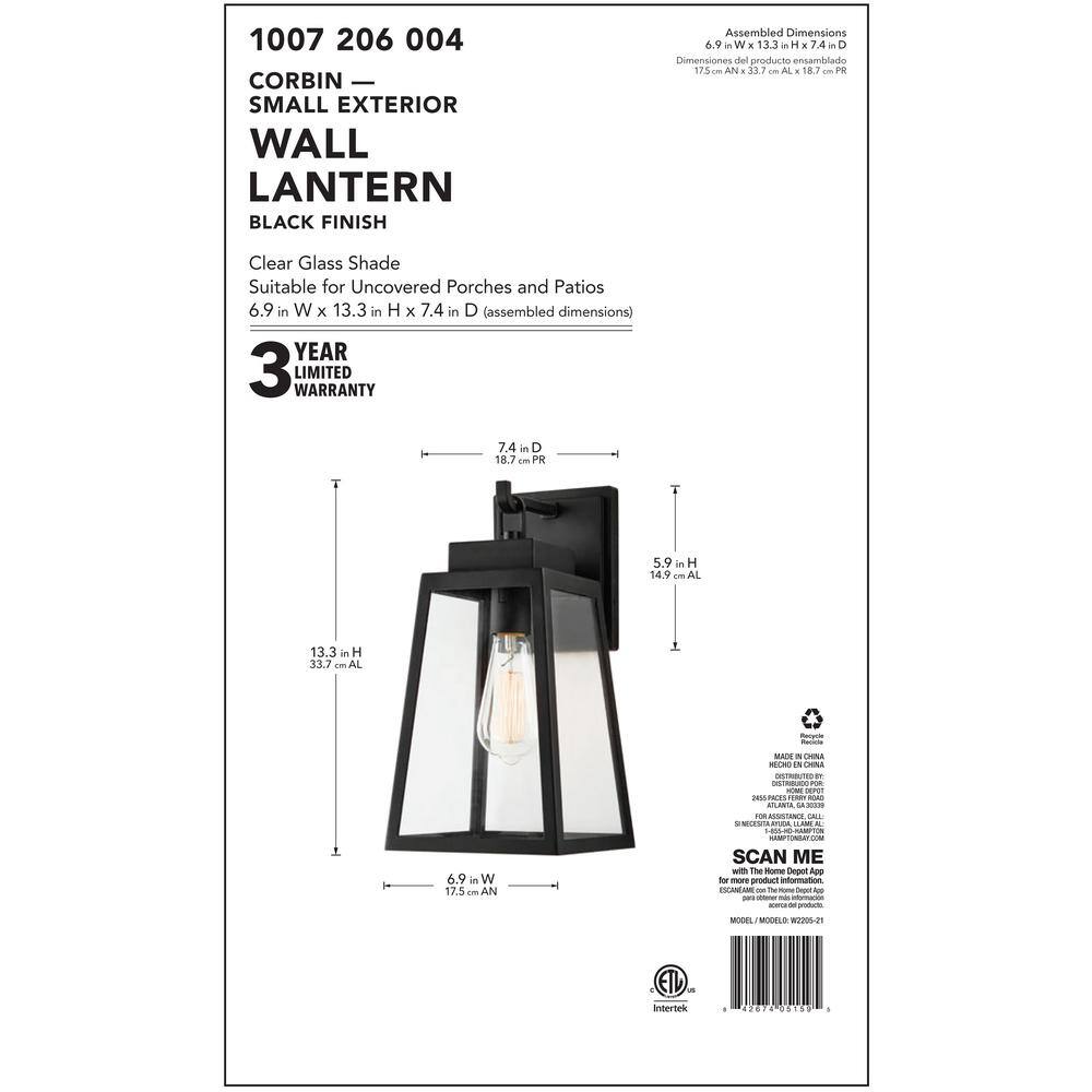 Hampton Bay Corbin Medium 13 in. Modern 1-Light Black Hardwired Outdoor Tapered Wall Lantern Sconce with Clear Glass W2205-21