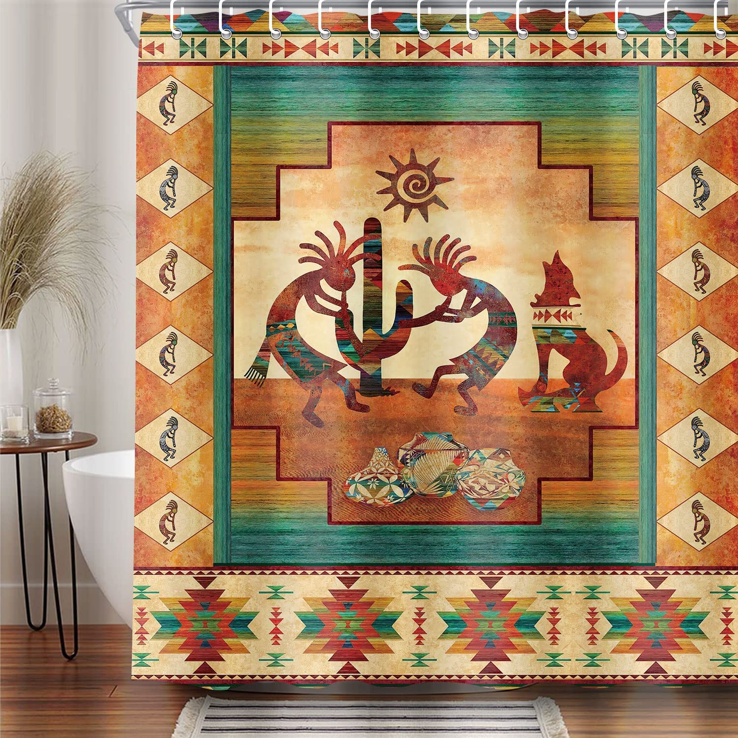 Western Vintage Bathroom Shower Curtain Set with Toilet Lid Cover and Non-Slip Rugs， Native Aztec Kokopelli Ethnic Pattern 4 Pcs Shower Curtain Set Restroom Decor Accessories with Hooks，72X72in