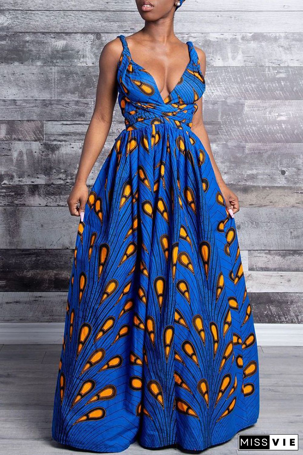 Blue Vintage Print Patchwork Backless V Neck A Line Dresses