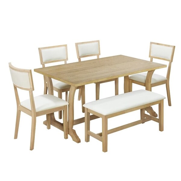 6Piece Trestle Dining Table Set w/ Upholstered Dining Chairs and Bench