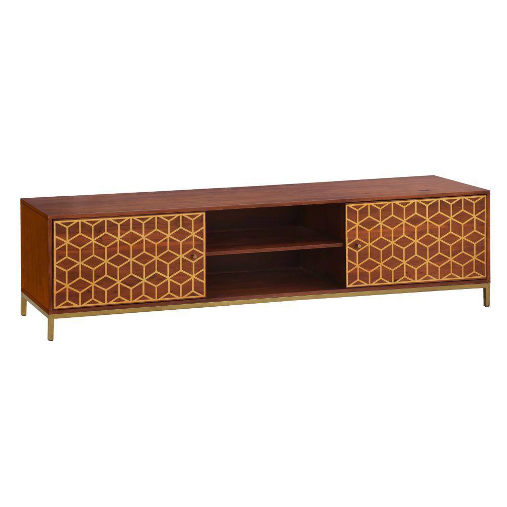 THE URBAN PORT Kalyn Brown and Brass Acacia Wood Handcrafted TV Media Console Entertainment Center Fits TVs up to 78 in. with 2 Doors UPT-276810