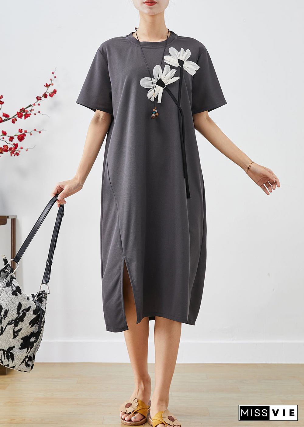 Handmade Grey Floral Side Open Cotton Dress Summer