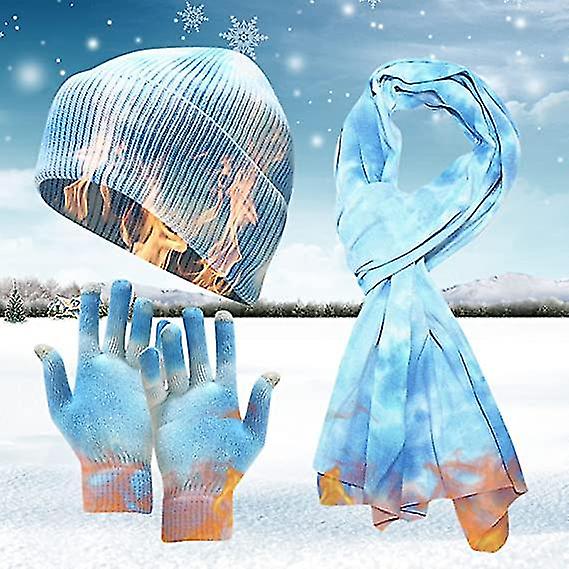 Windproof Cycling Scarf Women Printed Knitted Sets Adult Tie-dye Knit Winter Warm Gloves Hat Hat Men Hut3pcsblue