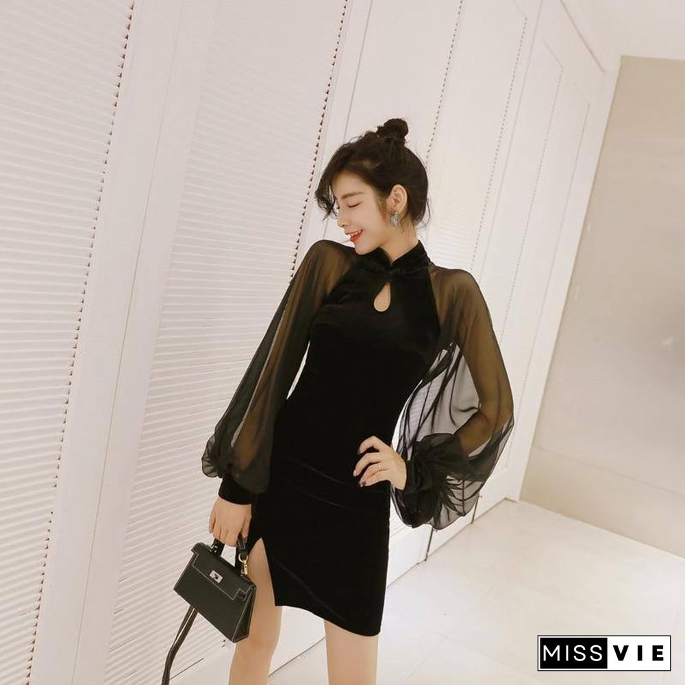 Spring Autumn Woman Clothes Lantern Sleeve Dress Velvet Long Sleeve Temperament Dresses Black Fashion Fall Women Clothing