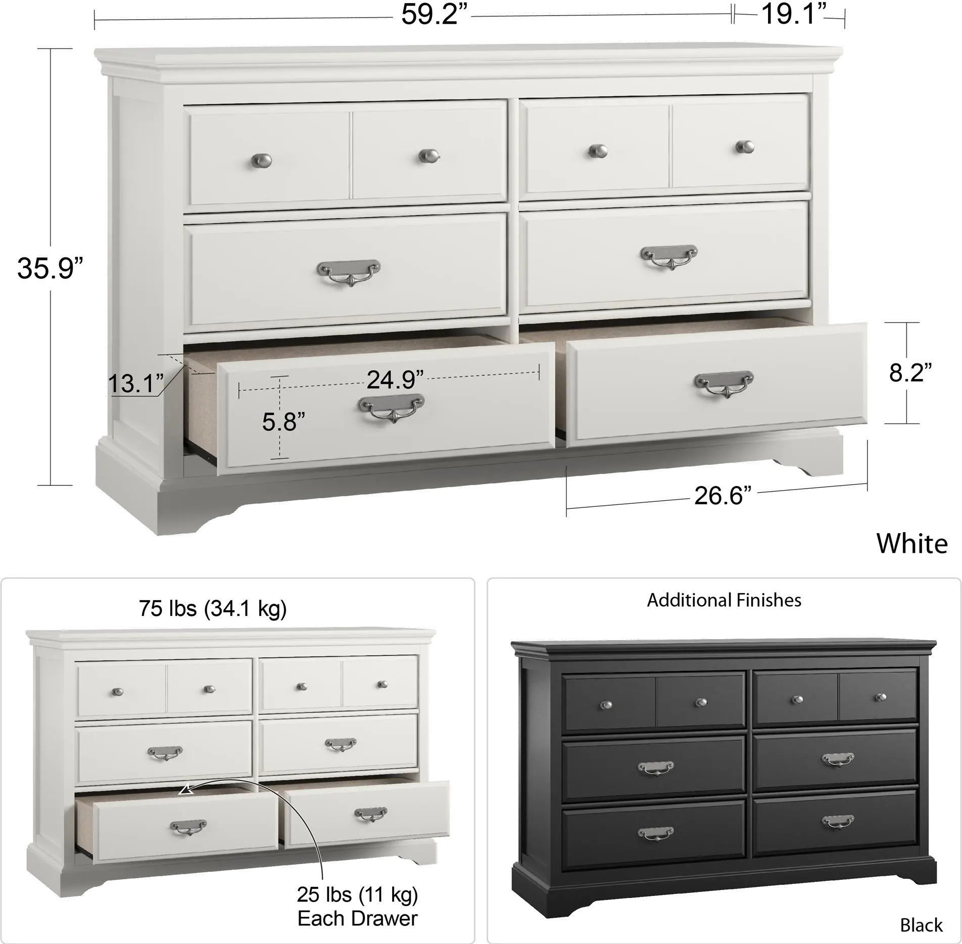 Bristol Traditional White 6-Drawer Dresser