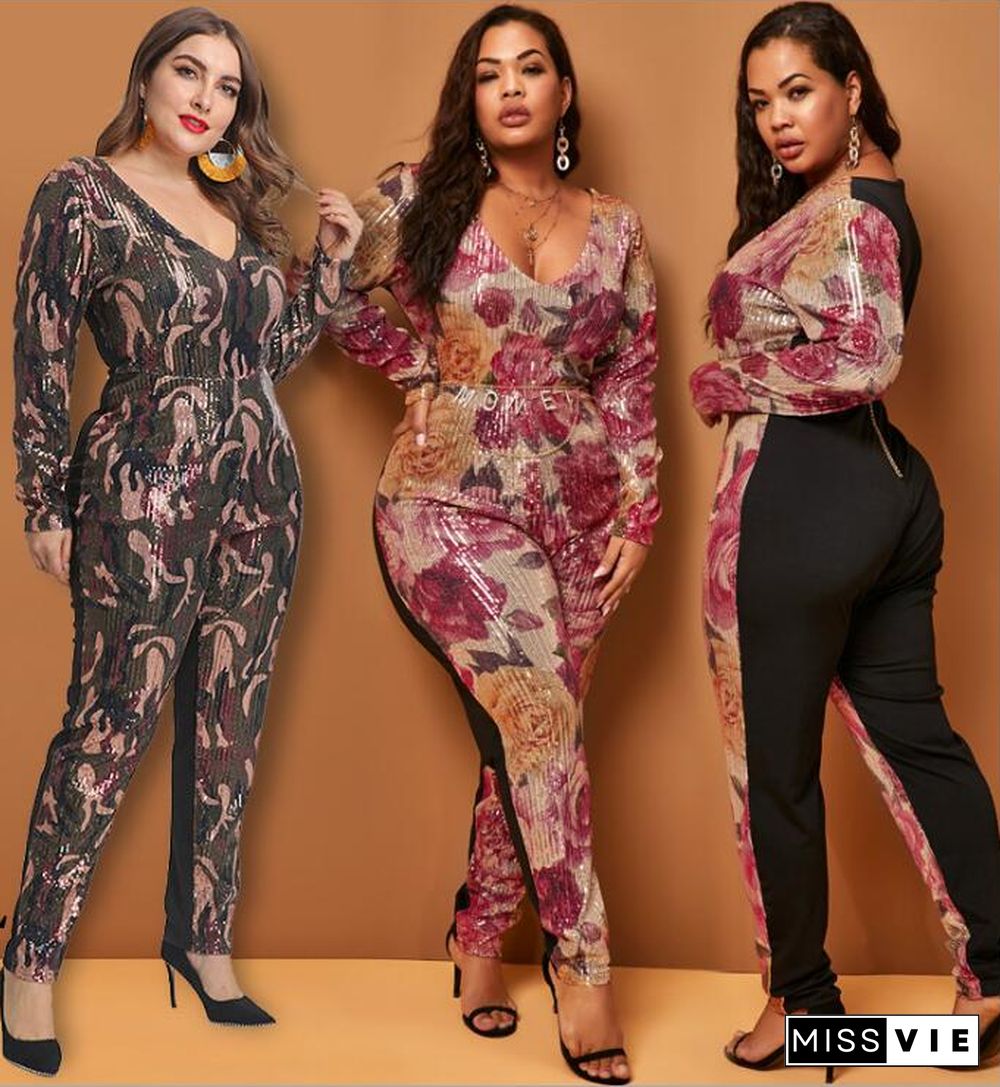 Plus Size Women Skinny Long Sequin Jumpsuit