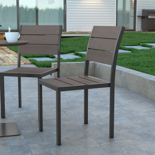 Emma And Oliver Outdoor Stacking Side Chair With Faux Teak Poly Slat Seat Back And Arms And Metal Frame