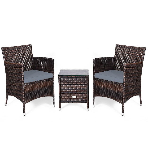 Tangkula 3 piece Patio Wicker Rattan Furniture Set Conversation Sofa Set W coffee Table Grey