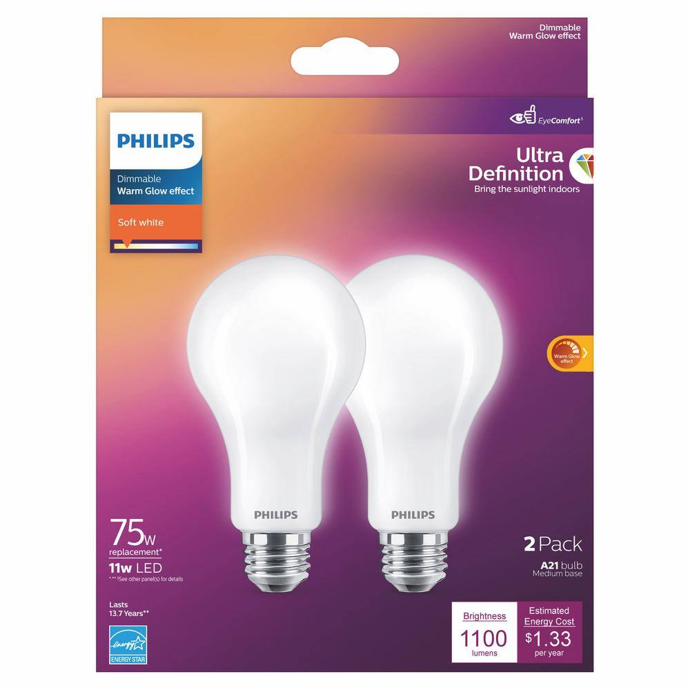 Philips 75-Watt Equivalent A21 Ultra Definition Dimmable E26 LED Light Bulb Soft White with Warm Glow 2700K (2-Pack) 573493