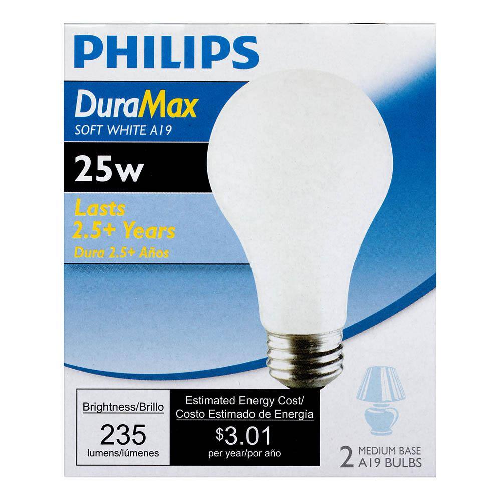 Philips 25-Watt A19 Dimmable DuraMax Long-Life Incandescent Light Bulb Soft White (2450K) (2-Pack) 168682