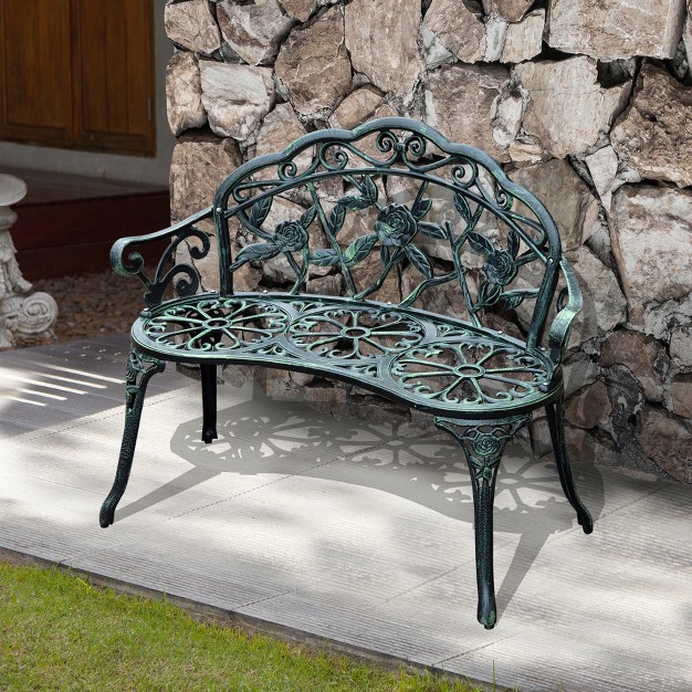 Outsunny Outdoor Bench Cast Aluminum Outdoor Furniture Metal Bench With Floral Rose Accent amp Antique Finish Green