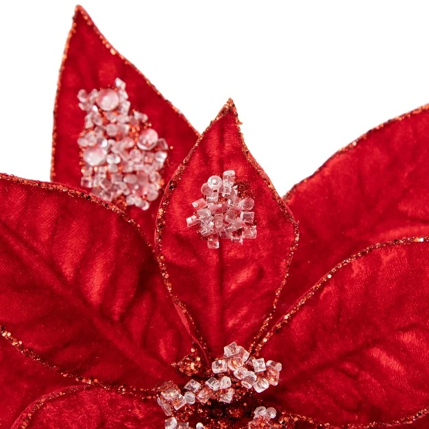 Icy Red Velvet Poinsettia Glittered Christmas Stem Spray