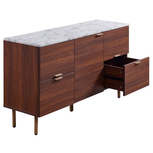 Wooden Sideboard Storage Cabinet with Faux Marble Top， White/Walnut