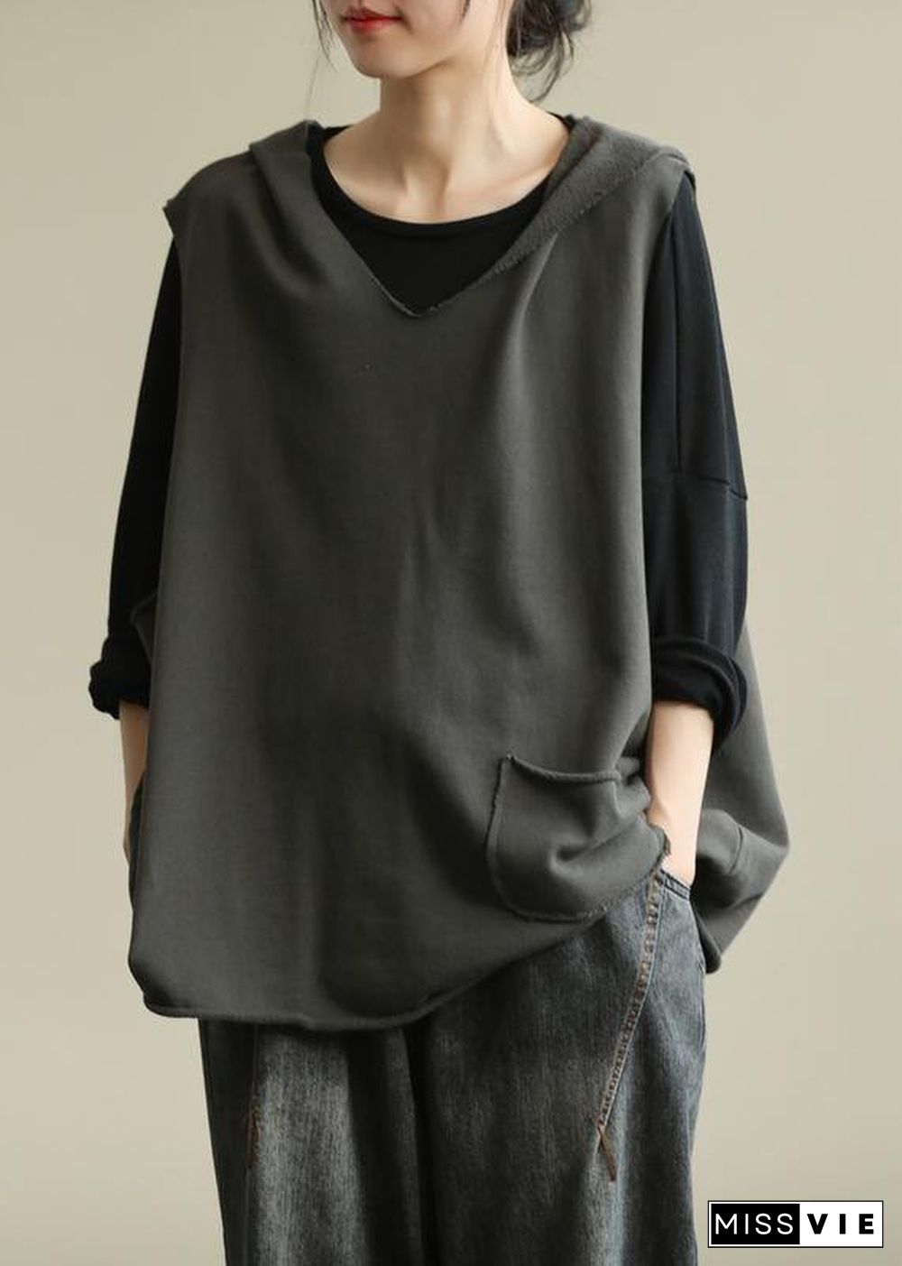 Chic hooded sleeveless tops women Work gray blouse