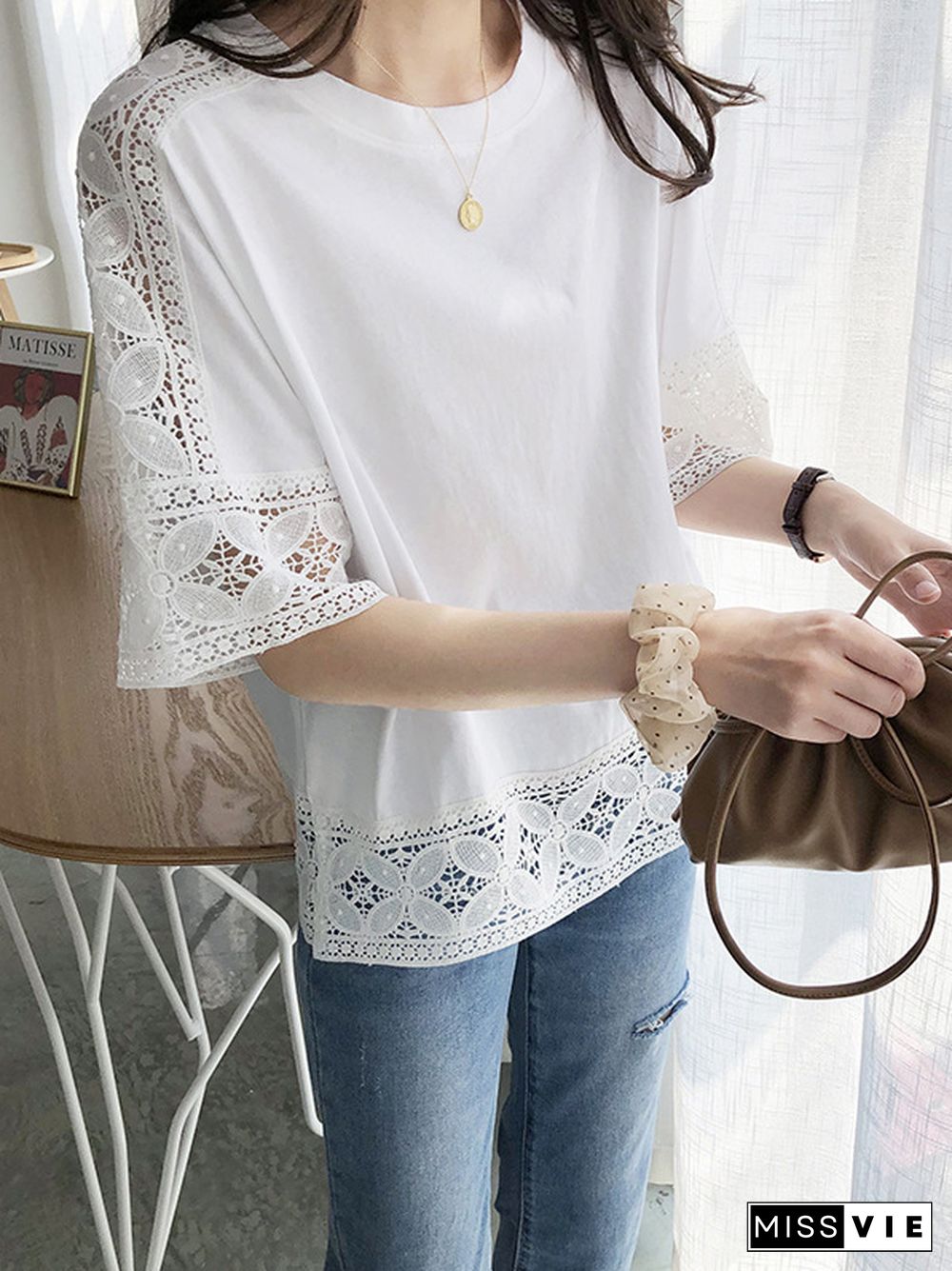 Half Sleeves Loose Hollow Solid Color Split-Joint Round-Neck T-Shirts Tops