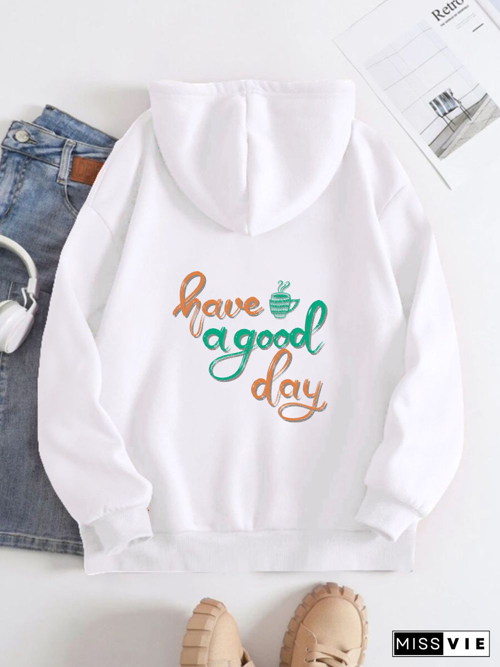 Printed on the Back Kangaroo Pocket Hoodie Long Sleeve for Women Pattern Have a Good Day