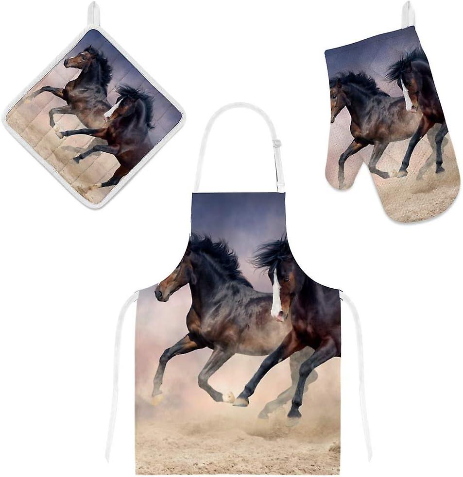 Kitchen Oven Mitts Glove Potholder Apron 3pcs Set Horse Running On The Sand Non Slip Heat Resistant Mitts For Baking Cooking Bbq