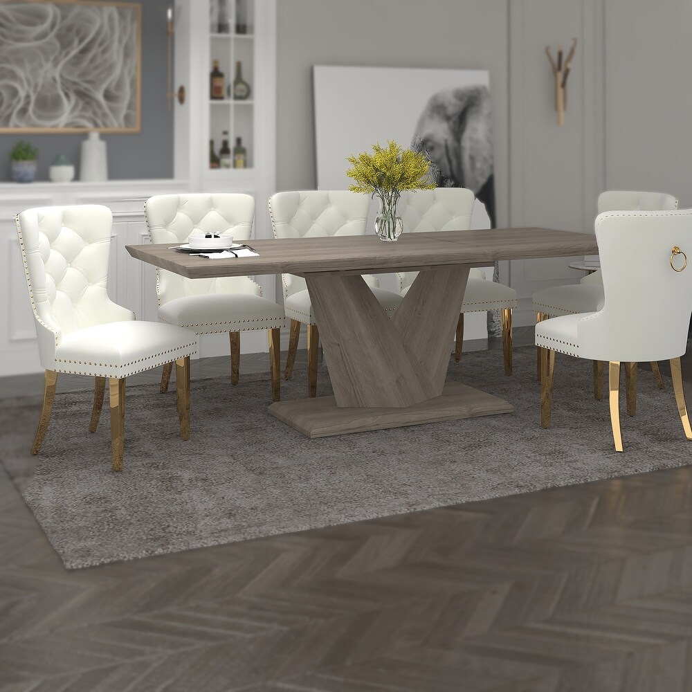 7pc Contemporary Dining Set   Oak Table with Ivory and Gold Chair