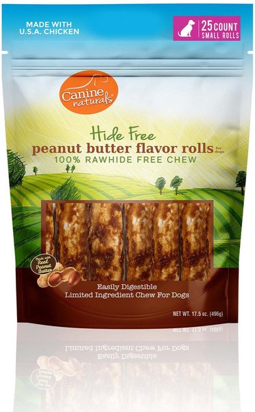 Canine Naturals 2.5-in Mini Roll Natural Peanut Butter Dog Chew Treat， 17.5-oz bag， 25 count