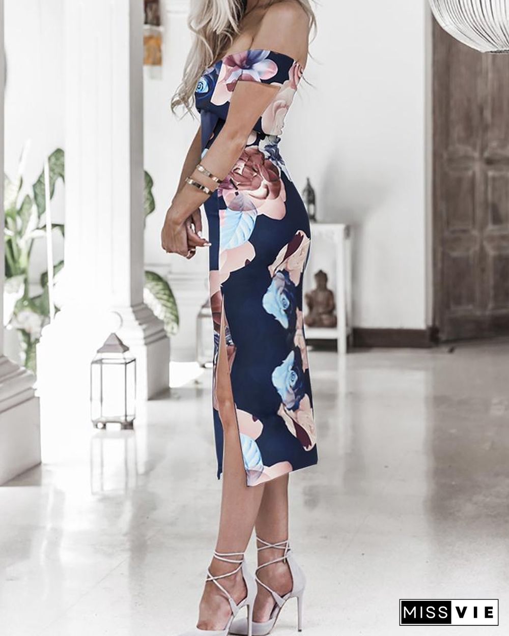 Off Shoulder Floral Side Split Midi Dress P13604