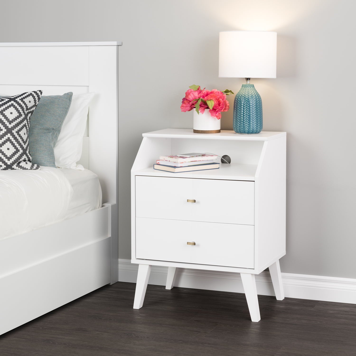 Prepac Milo Mid Century Modern 2-Drawer Bedroom Nightstand, White