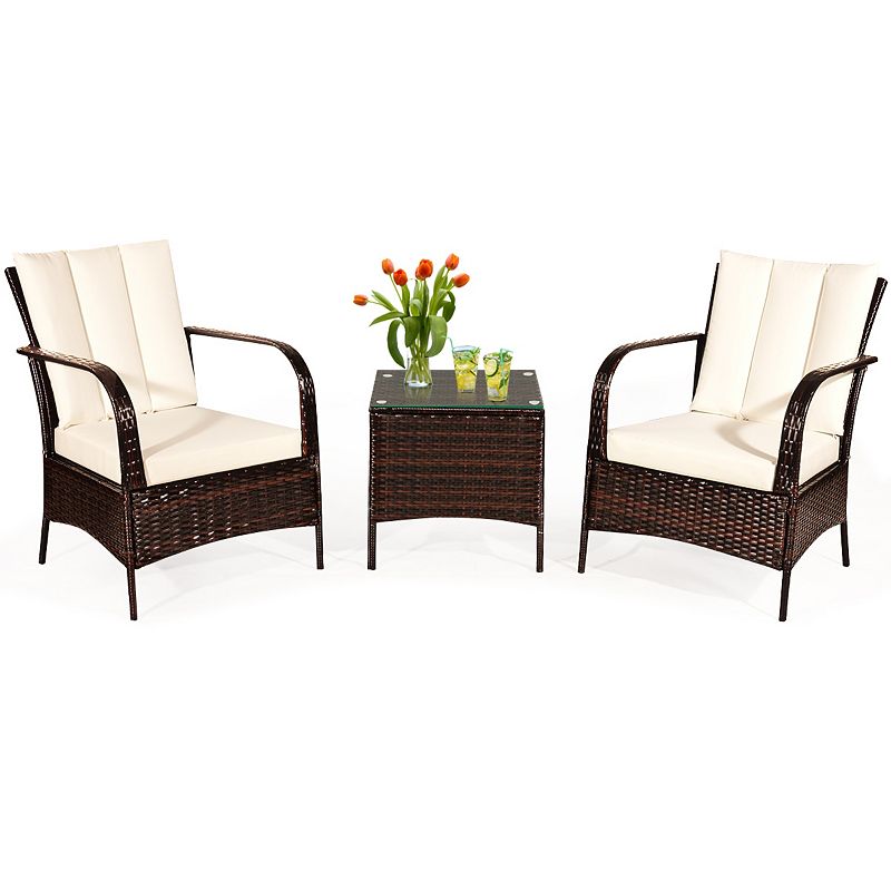 3 Pcs Patio Conversation Rattan Furniture Set with Glass Top Coffee Table and Cushions