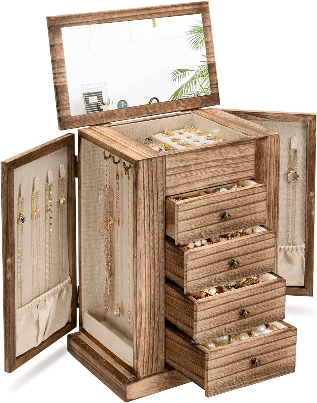 Emfogo Jewelry Box for Women, 5 Layer Large Wood Jewelry Boxes & Organizers for Necklaces Earrings Rings Bracelets, Rustic Jewelry Organizer Box with Drawers and Mirror