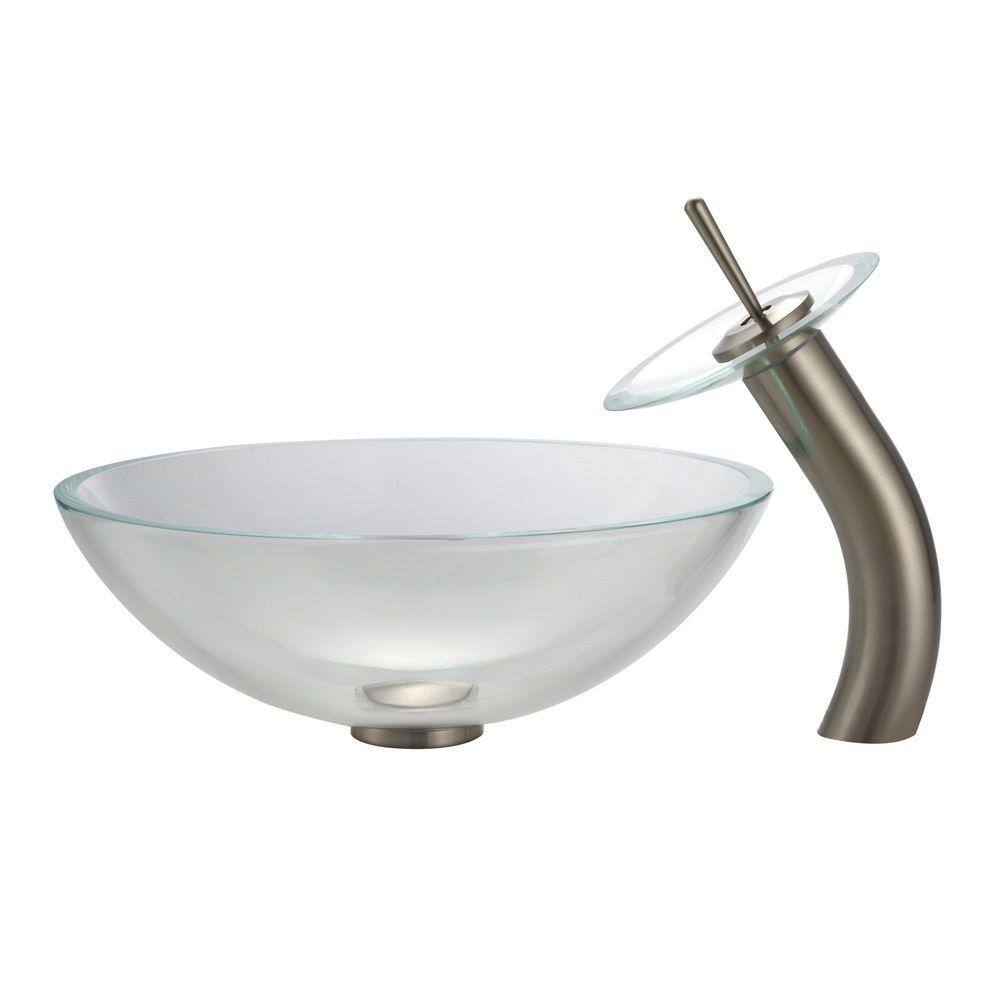 KRAUS Glass Vessel Sink in Crystal Clear with Waterfall Faucet in Satin Nickel C-GV-100-12mm-10SN