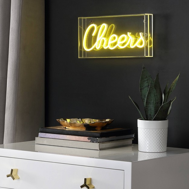 Cheers Contemporary Glam Acrylic Box Pendant includes Led Light Bulb Neon Yellow Jonathan Y