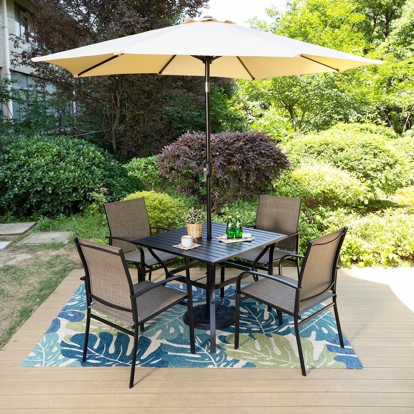 MAISON ARTS 6Piece Patio Dining Set，37 Inch Square Metal Table and 4 Textilene Dining Chairs with 9ft Patio Umbrella