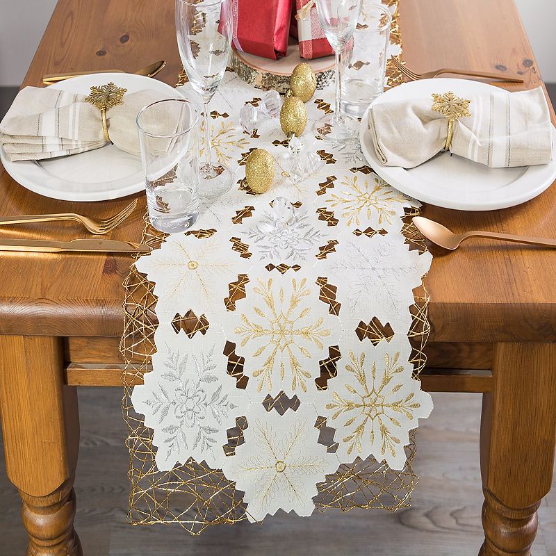 54 White and Gold Colored Embellished Snowflakes Table Runner