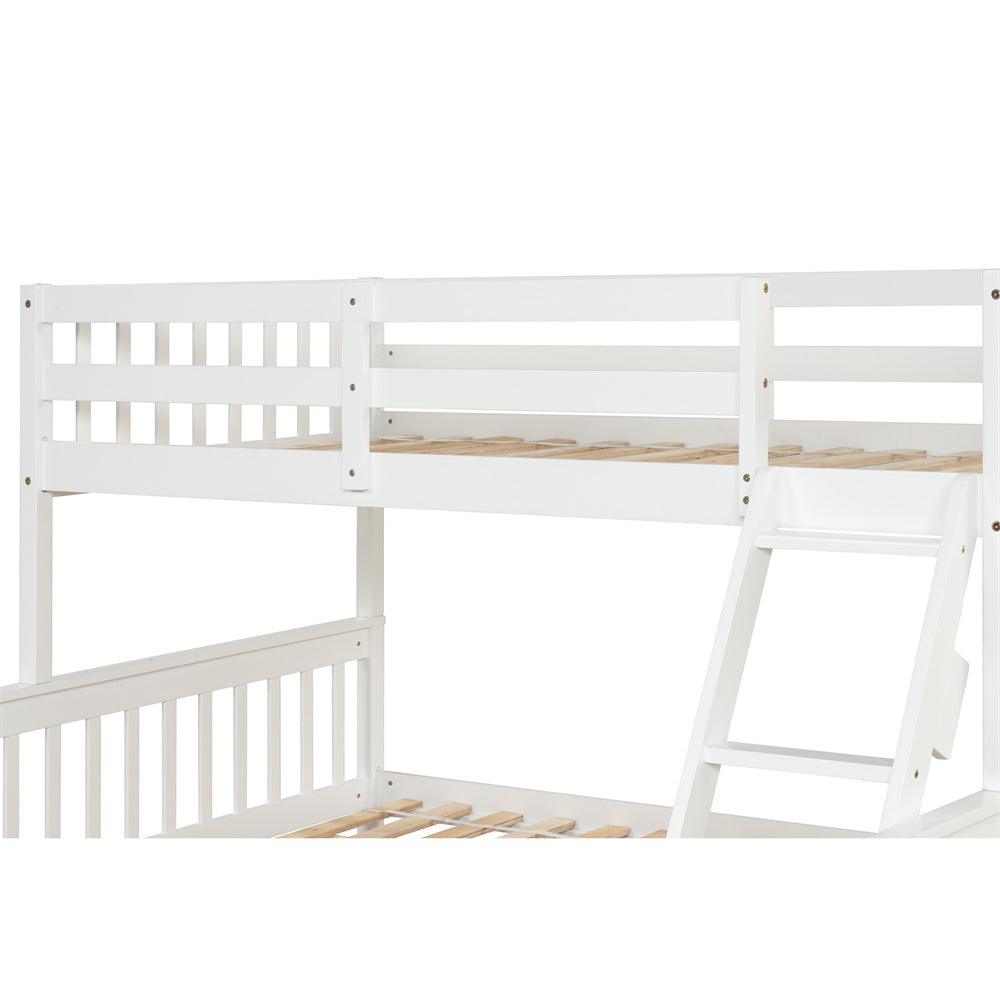 Twin Over Full Bunk Bed with Trundle, Wood Bed Frame with Ladder and Safety Rails for Kids, Teens, Adults, White