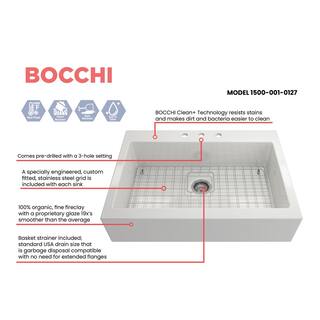 BOCCHI Nuova White Fireclay 34 in. Single Bowl Drop-In Apron Front Kitchen Sink with Protective Grid and Strainer 1500-001-0127