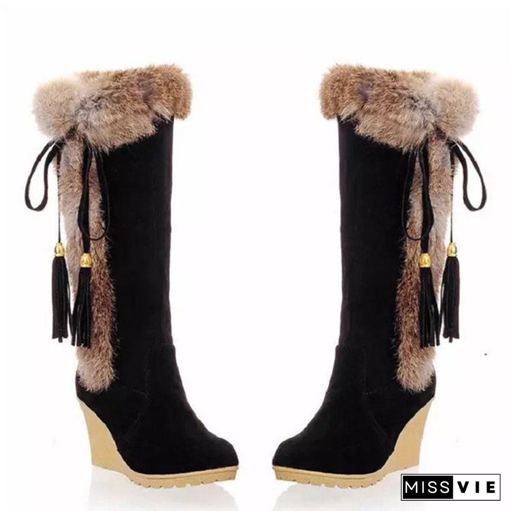 Women Plus Size Vintage Fringe Plush Warm Wedge Heel Block Heel Snow Boots