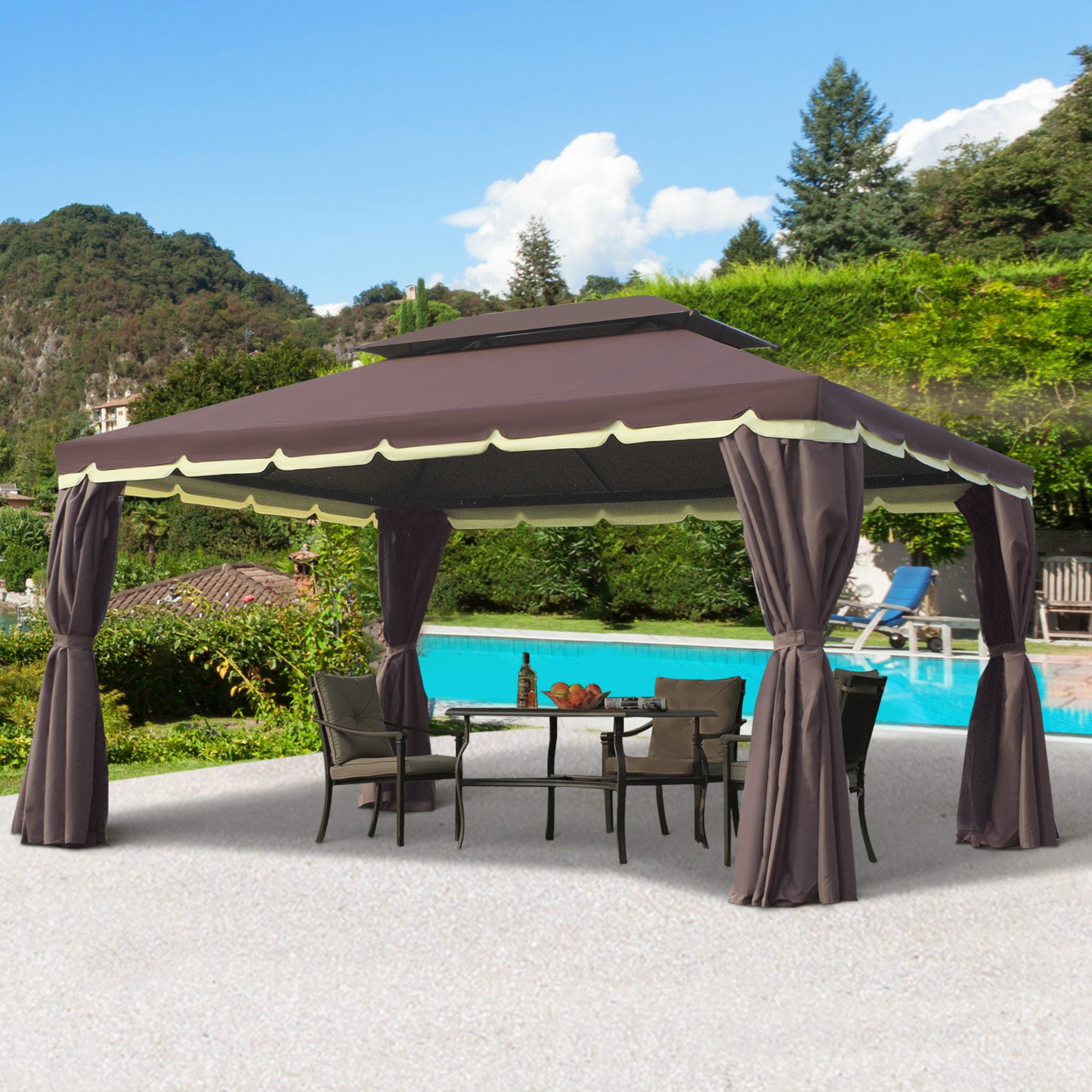 Outsunny 10’ x 13’ Metal Frame Outdoor Patio Gazebo with Polyester Curtains and Air Venting Netted Screens, Coffee