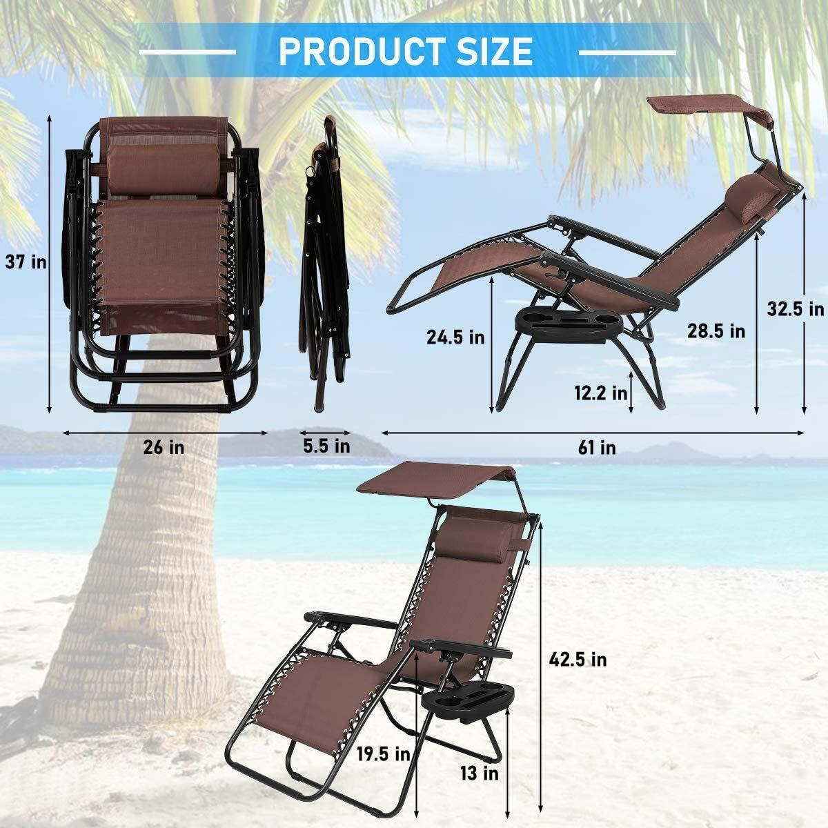 YRLLENSDAN Zero Gravity Chair Set of 2 with Canopy Cup Holder and Cushions, 250lbs Capacity Folding Outdoor Lounge Chairs Camping Chairs for Adult Lawn Chairs Recliner Chair Patio Chairs, Brown