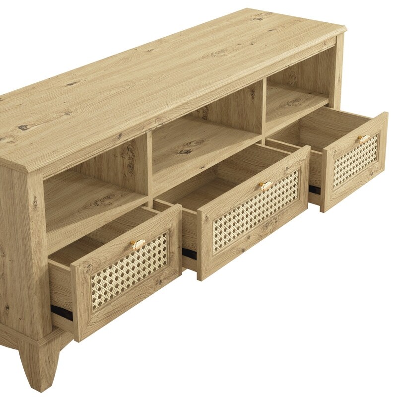 55 inch Rustic Wood TV Stand with Wicker Door Design for TVs up to 65\