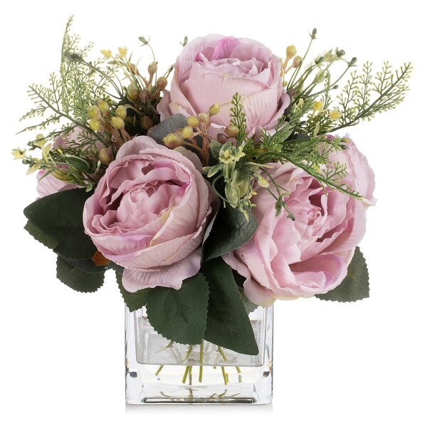 Mixed Peony Artificial Flowers in Vase with Faux Water，Silk Flower Arrangements in Vase for Home Decor，Wedding Table