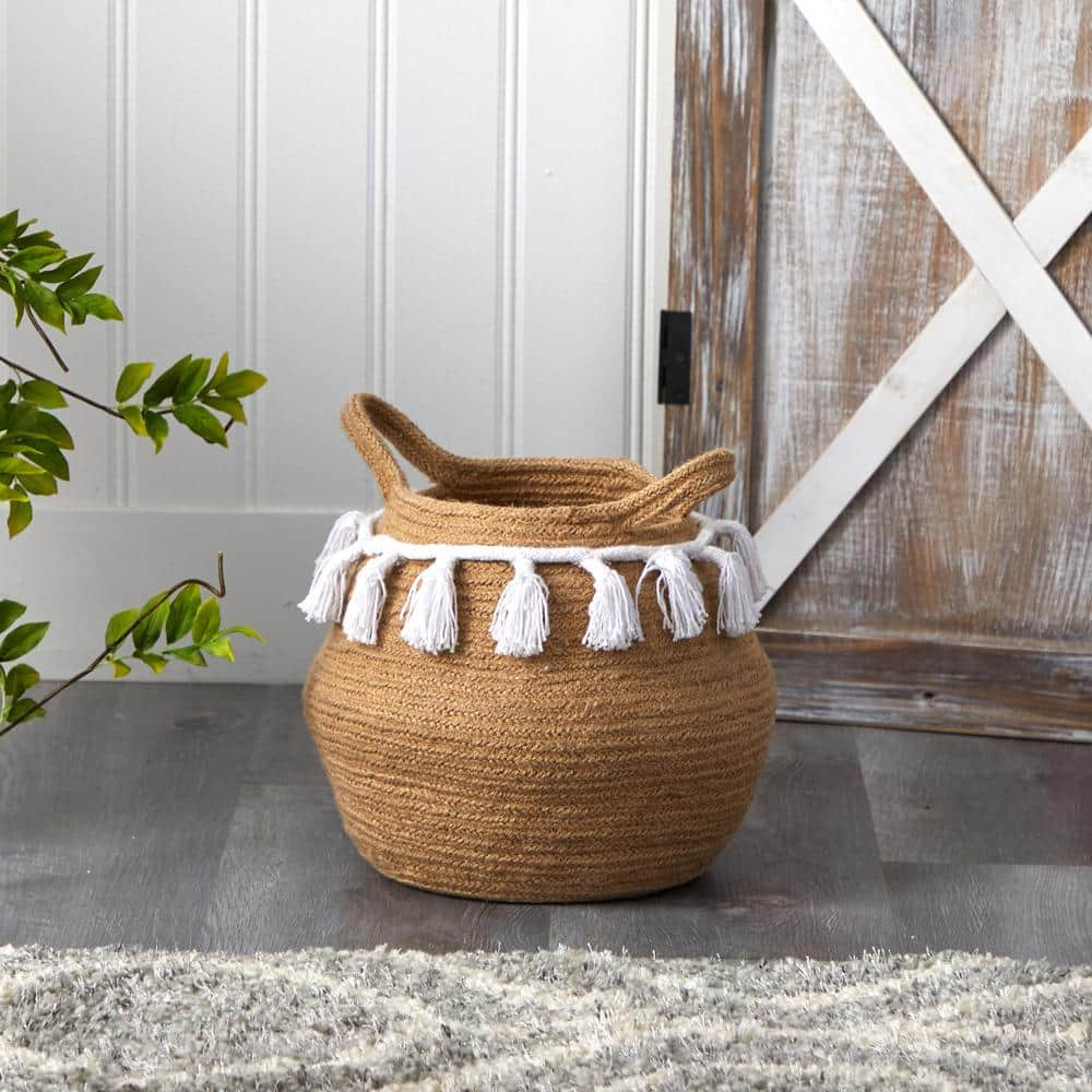 Nearly Natural 11 in. Natural Boho Chic Handmade Cotton Woven Basket Planter with Tassels 0830-S1