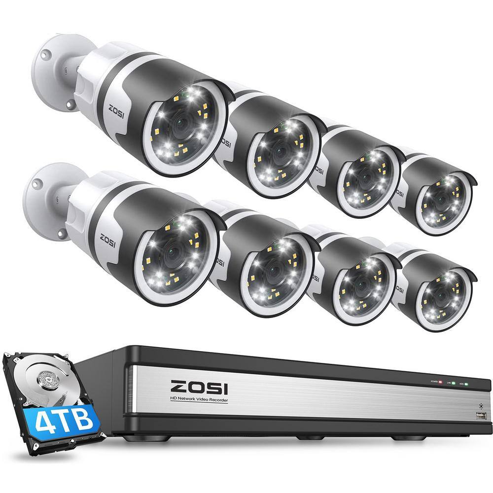 ZOSI 4K 16-Channel POE 4TB NVR Security Camera System with 8-Wired 5MP Outdoor Spotlight Cameras 2-Way Audio 16SK-1905W8-40-US-A2